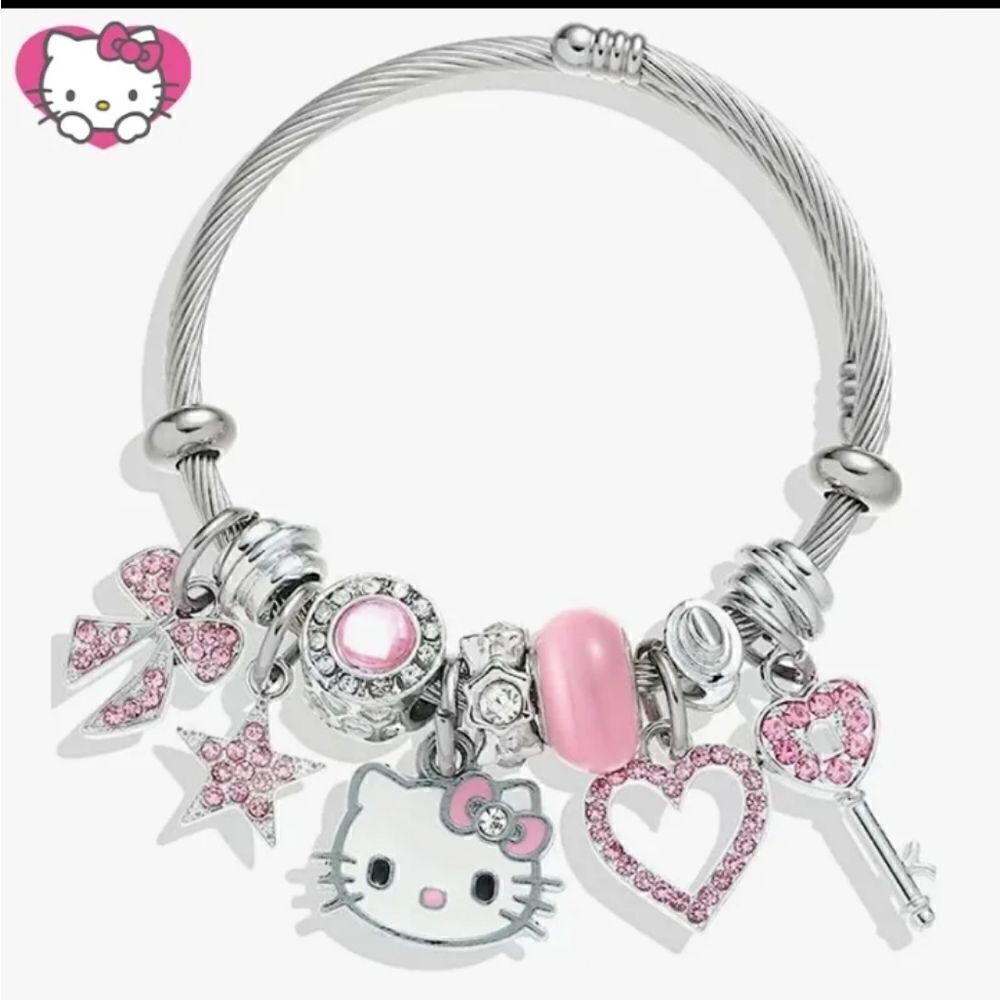 Hello Kitty Charm Pendant Silver & Pink Tone Bangle Bracelet